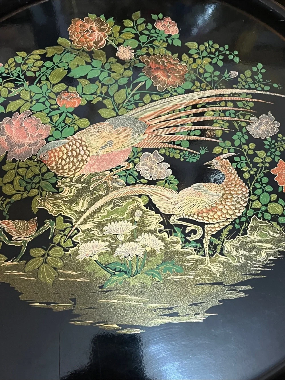 Vintage Japanese Black Lacquer Serving Tray – Peacock & Floral Design – 14” – Ma